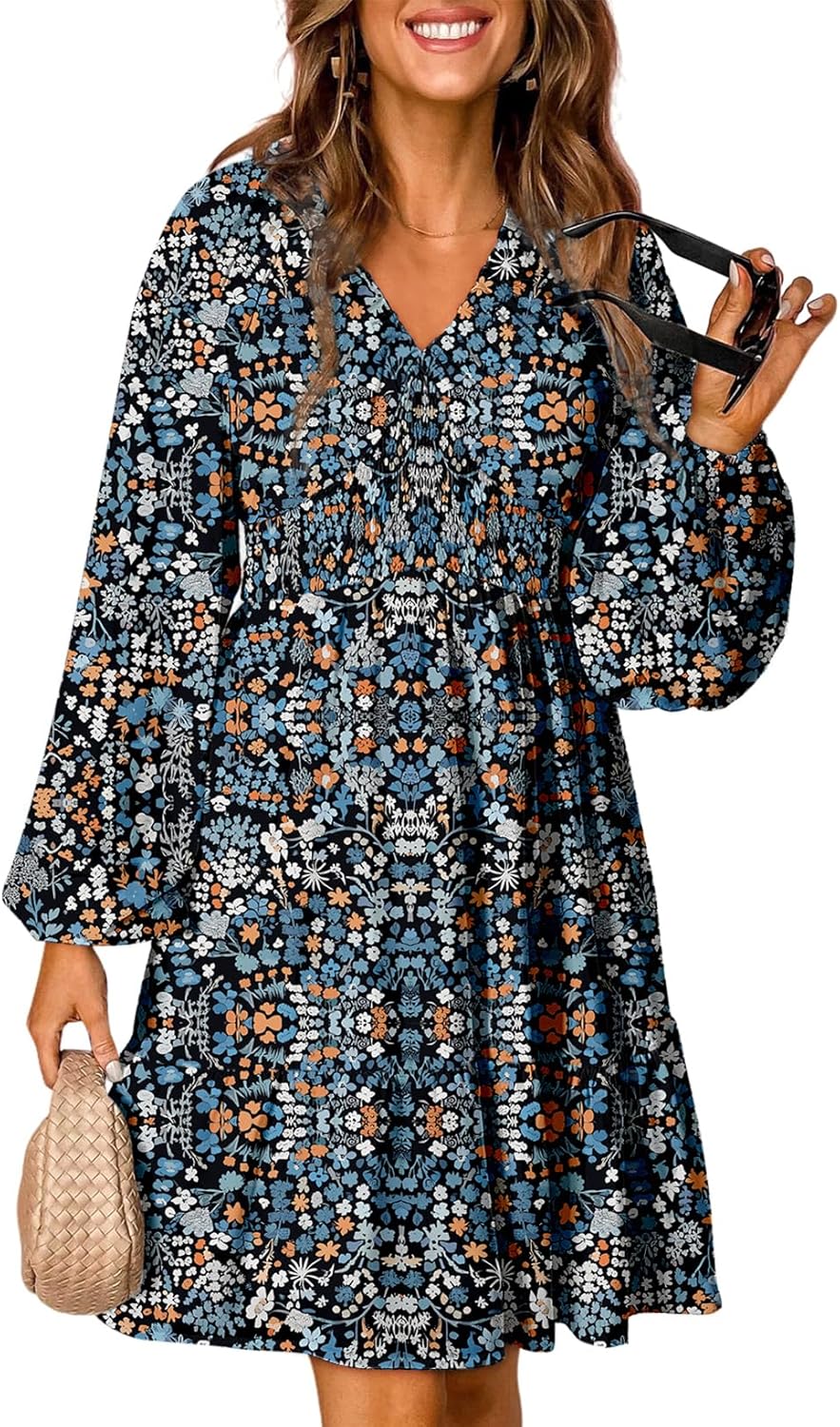 Dokotoo Fall Dresses for Women 2025 Boho Floral V Neck Long Sleeve Smocked Elastic Waist Casual A-Line Mini Dress Sundress