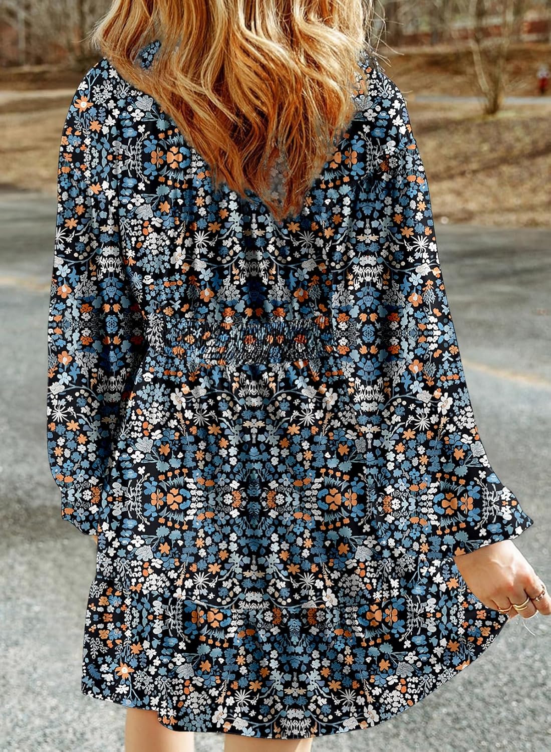 Dokotoo Fall Dresses for Women 2025 Boho Floral V Neck Long Sleeve Smocked Elastic Waist Casual A-Line Mini Dress Sundress