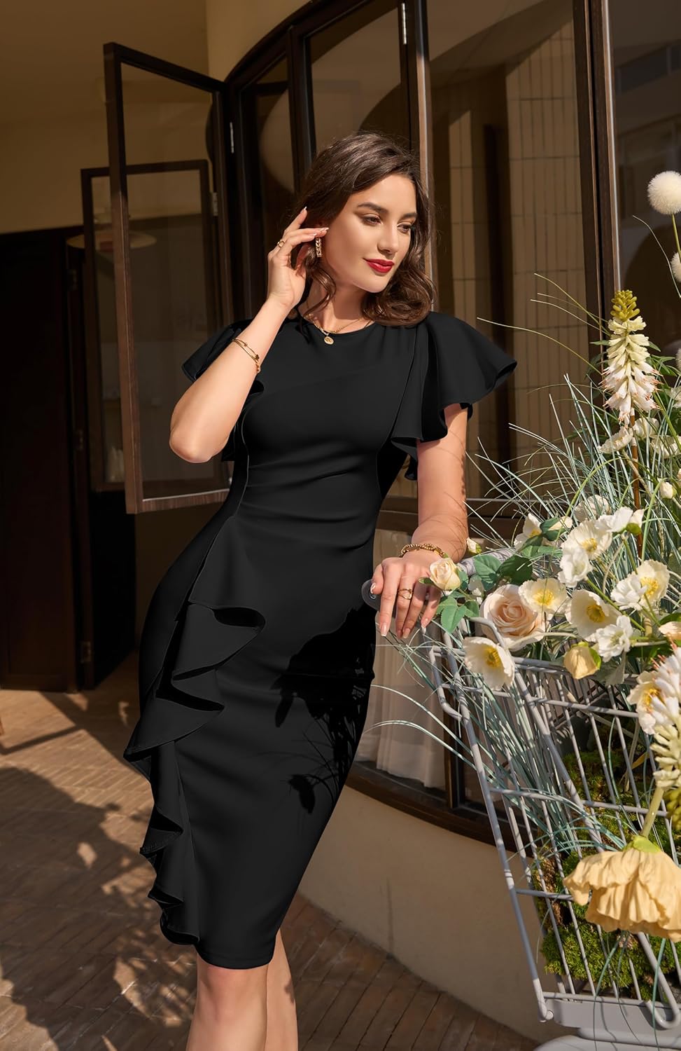 Memoriesea Women's Vintage Church Ruffle Sleeve Ruched Bodycon Work Midi Pencil Dress